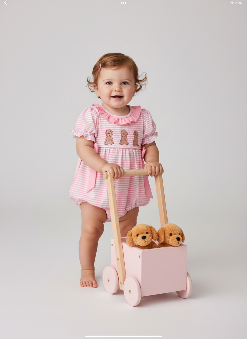 PINK STRIPE PUPPY EMBROIDERY RUFFLE BUBBLE