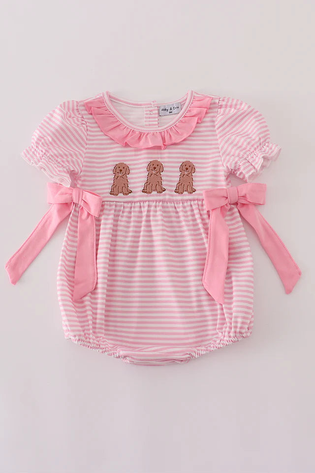 PINK STRIPE PUPPY EMBROIDERY RUFFLE BUBBLE