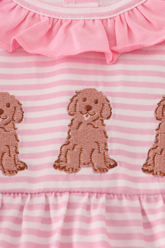 PINK STRIPE PUPPY EMBROIDERY RUFFLE BUBBLE