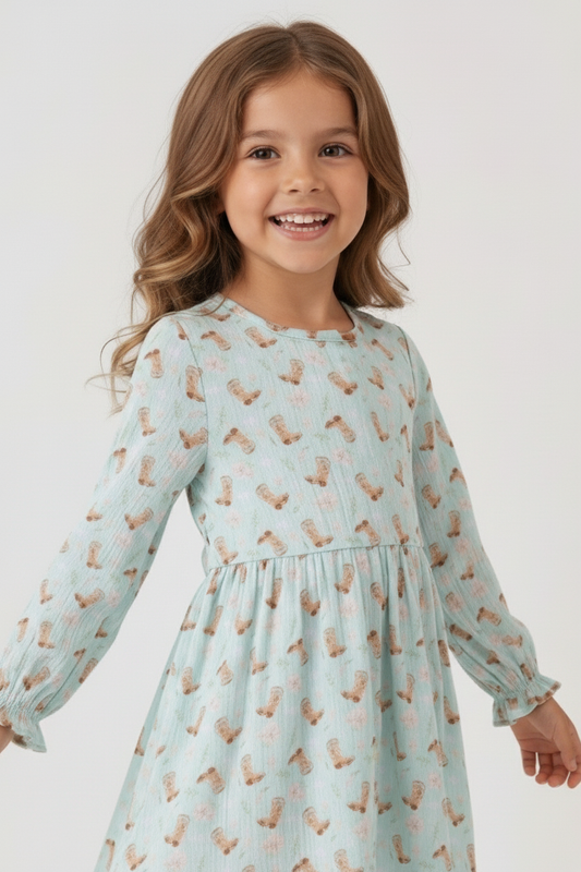 PREMIUM BOOTS PRINT MUSLIN DRESS