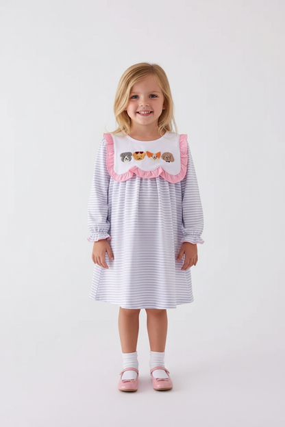 PURPLE PUPPY FRENCH KNOT STRIPE DRESS