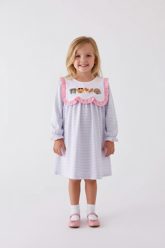 PURPLE PUPPY FRENCH KNOT STRIPE DRESS