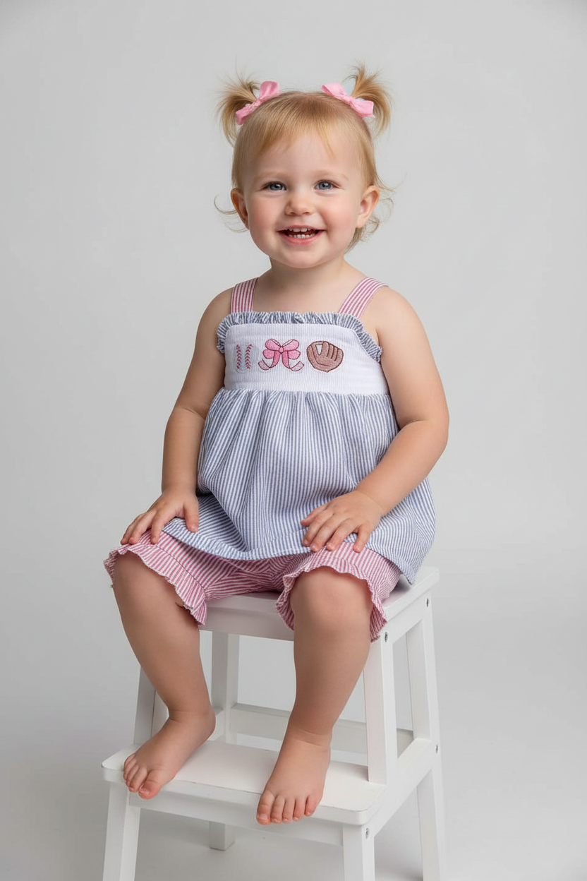 PINK BASEBALL EMBROIDERY SMOCKED SET