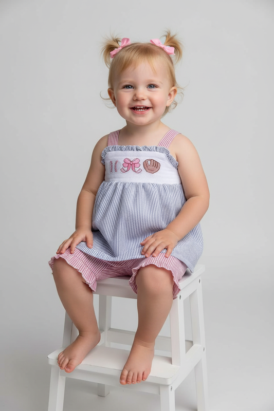 PINK BASEBALL EMBROIDERY SMOCKED SET