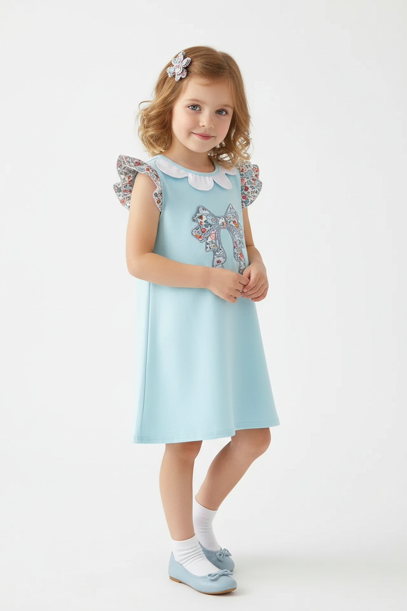 FLORAL BOW APPLIQUE RUFFLE DRESS