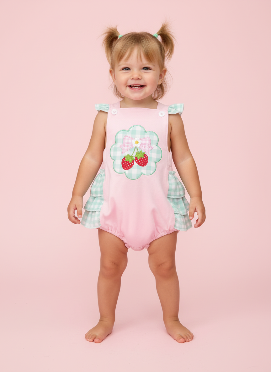 PINK STRAWBERRY APPLIQUE RUFFLE BUBBLE