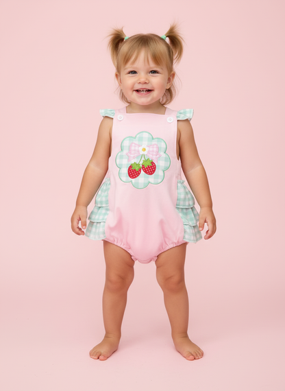 PINK STRAWBERRY APPLIQUE RUFFLE BUBBLE