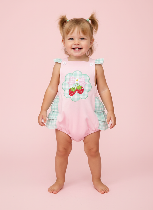 PINK STRAWBERRY APPLIQUE RUFFLE BUBBLE