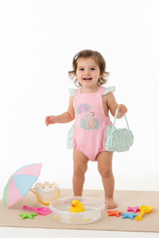 PINK BEACH PUPPY EMBROIDERY GIRL BUBBLE