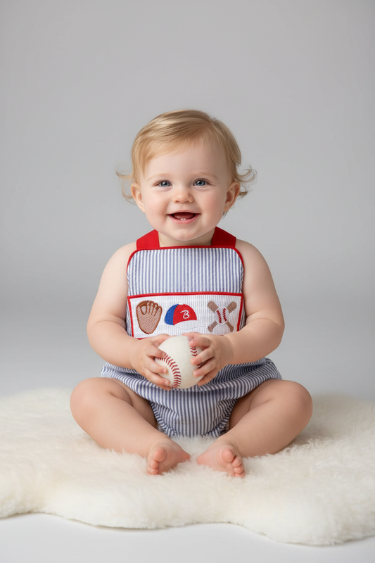 RED BASEBALL EMBROIDERY SMOCKED BUBBLE