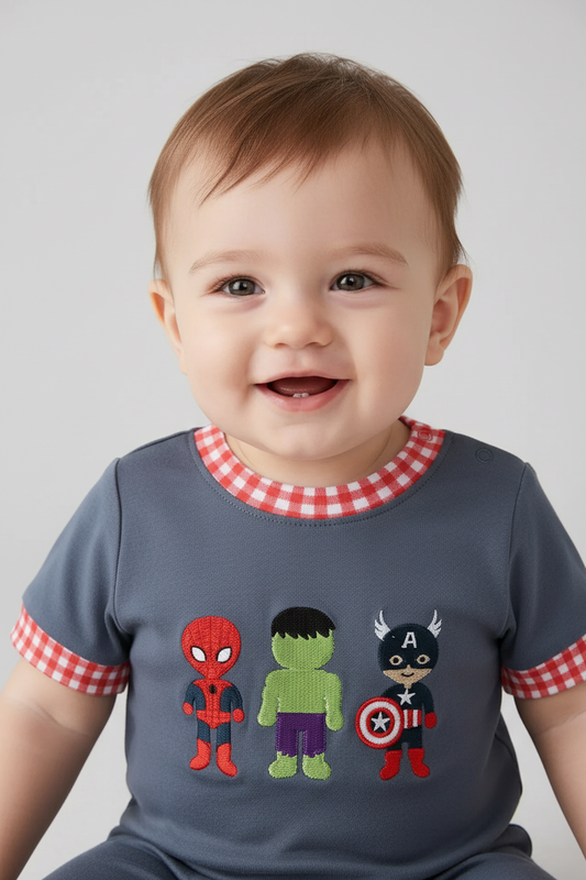 NAVY CHARACTER EMBROIDERY ROMPER