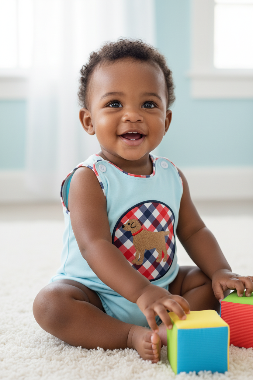 BLUE PUPPY GINGHAM APPLIQUE BUBBLE