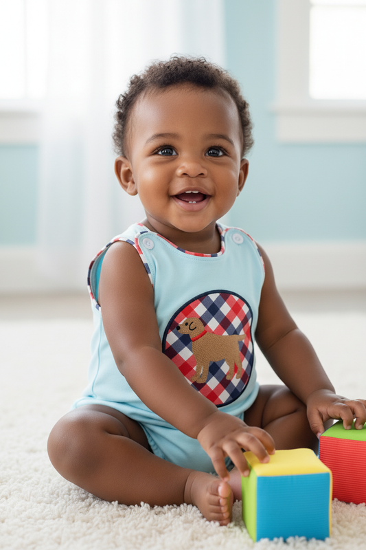 BLUE PUPPY GINGHAM APPLIQUE BUBBLE