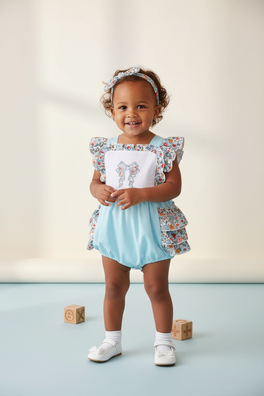 BLUE FLORAL BOW RUFFLE BUBBLE