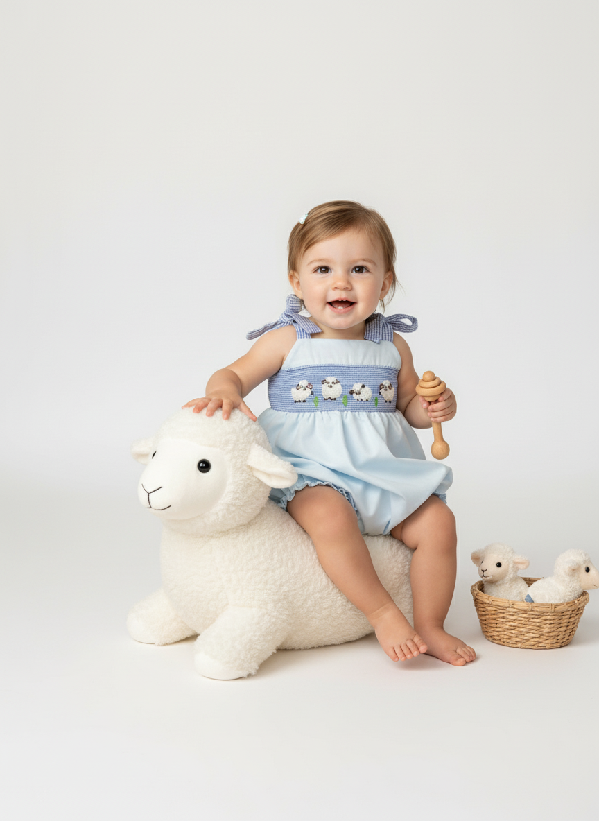 Smocked lamb bubble with gingham bows