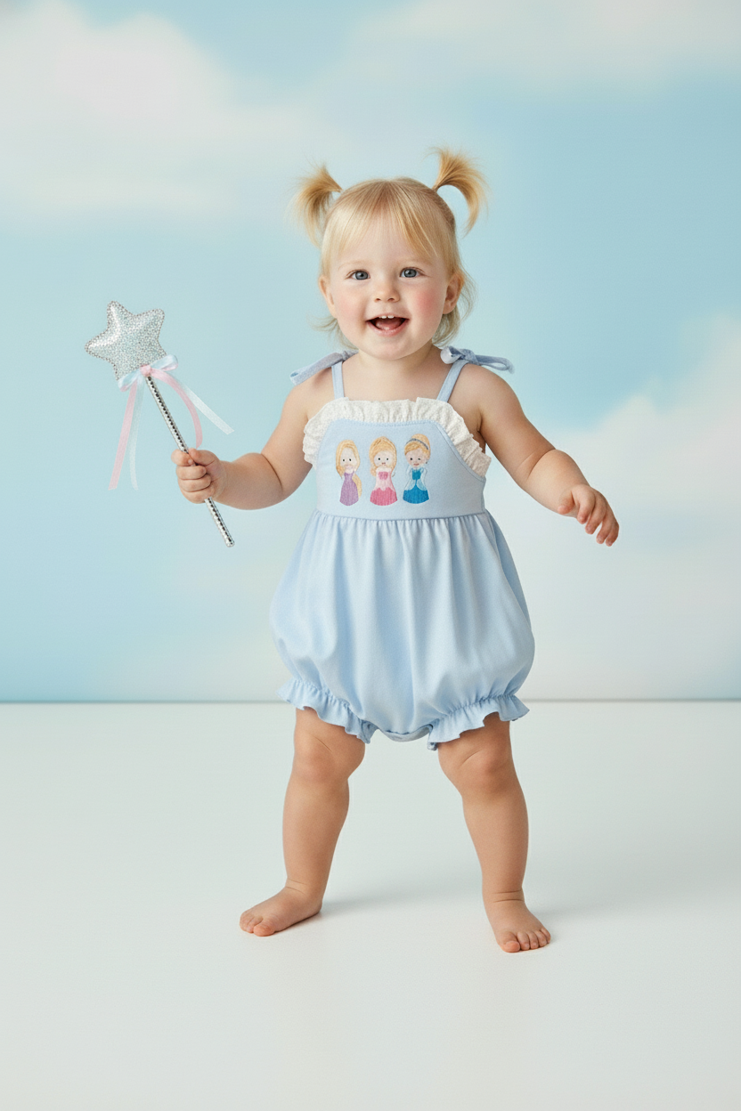 BLUE PRINCESS EMBROIDERY RUFFLE GIRL BUBBLE