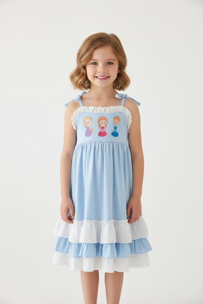 BLUE PRINCESS EMBROIDERY RUFFLE DRESS