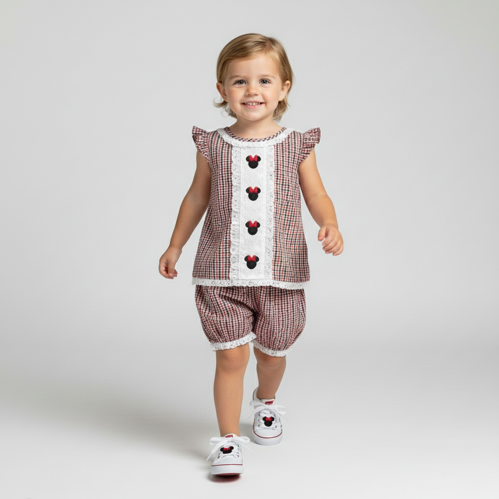 Toddler wearing Miss Mouse embroidered red and black seersucker set with mouse design and matching shoes
