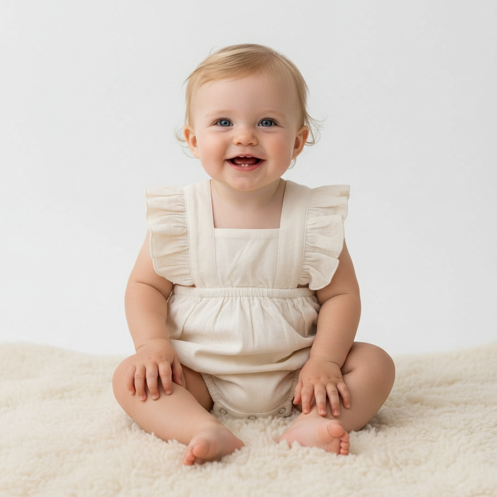 Off-White Corduroy Solid Color Ruffled Baby Romper