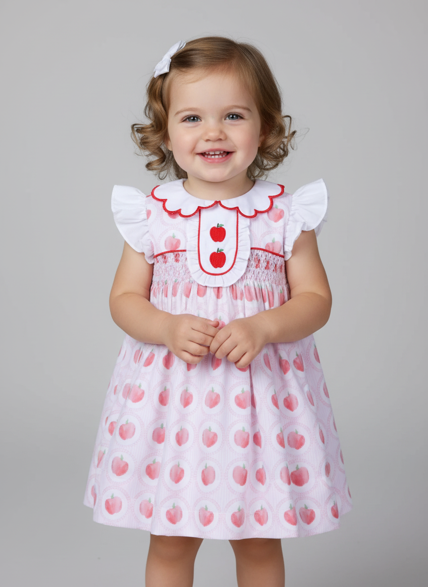 Pink Smocked Watercolor Apple Dress