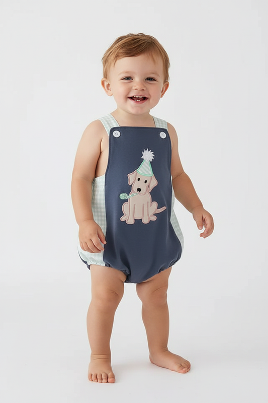 NAVY PUPPY BIRTHDAY APPLIQUE BOY BUBBLE