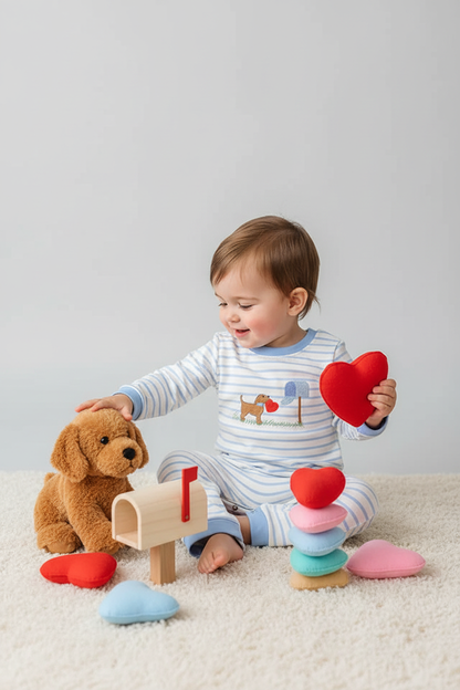 Blue valentine puppy embroidery boy romper