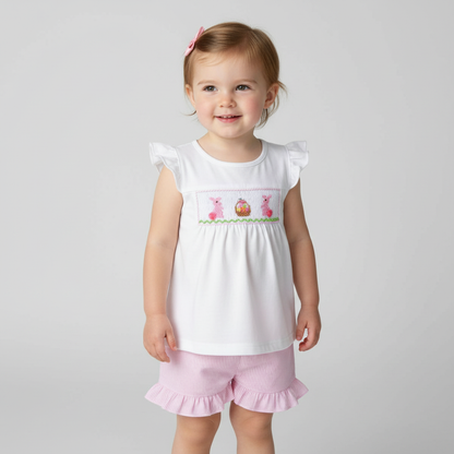 Bunny Girl Handsmocked  Seersucker Short Set