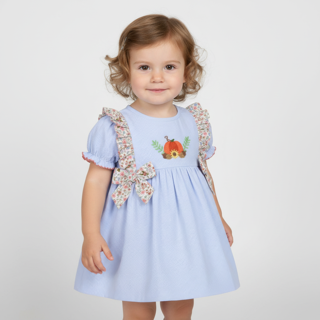 Toddler girl wearing pumpkin French knot embroidery baby ruffle dress with floral bows and puff sleeves