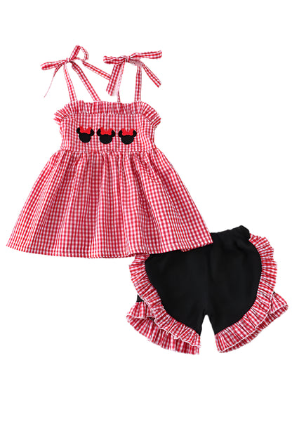 RED GINGHAM WOVEN CHARACTER EMBROIDERY GIRL SET
