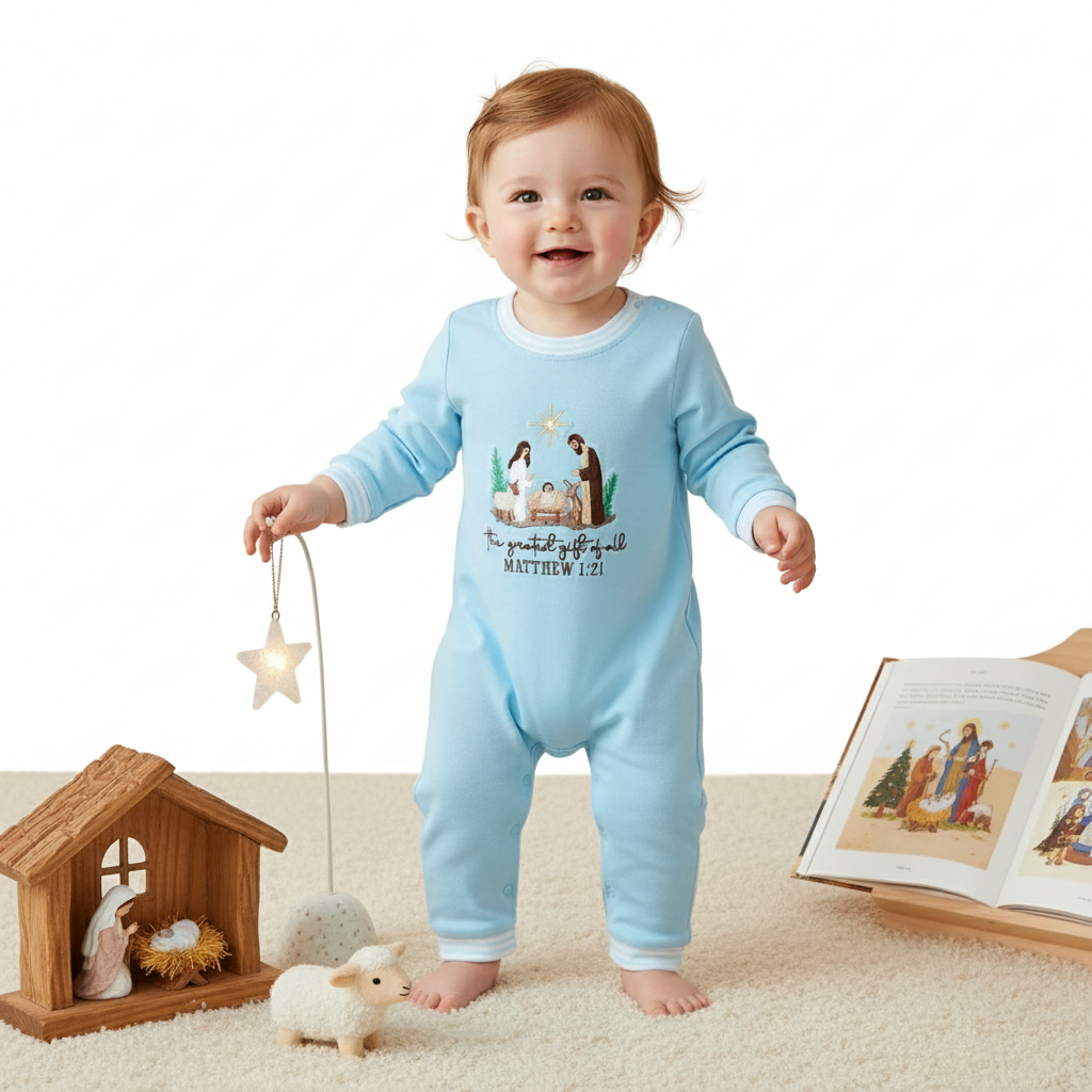 BLUE NATIVITY EMBROIDERY ROMPER