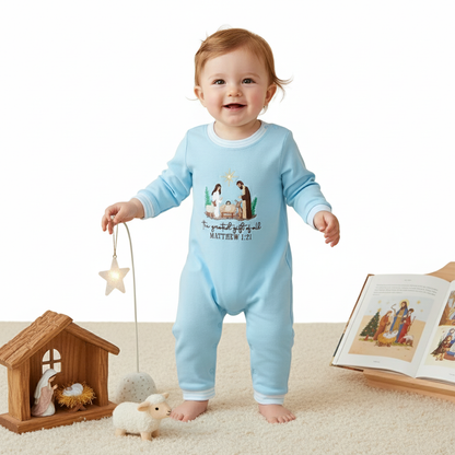 BLUE NATIVITY EMBROIDERY ROMPER