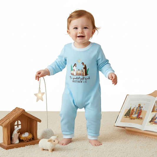 BLUE NATIVITY EMBROIDERY ROMPER