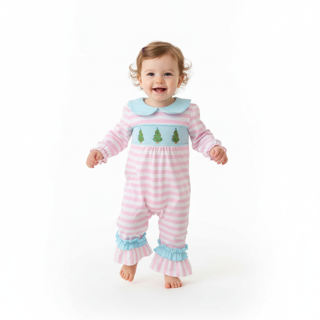 PINK CHRISTMAS TREE SMOCKED   STRIPE RUFFLE ROMPER