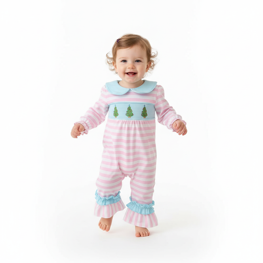 PINK CHRISTMAS TREE SMOCKED   STRIPE RUFFLE ROMPER