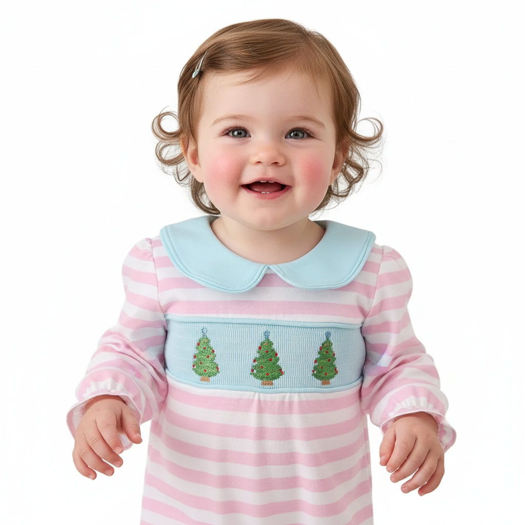 PINK CHRISTMAS TREE SMOCKED   STRIPE RUFFLE ROMPER