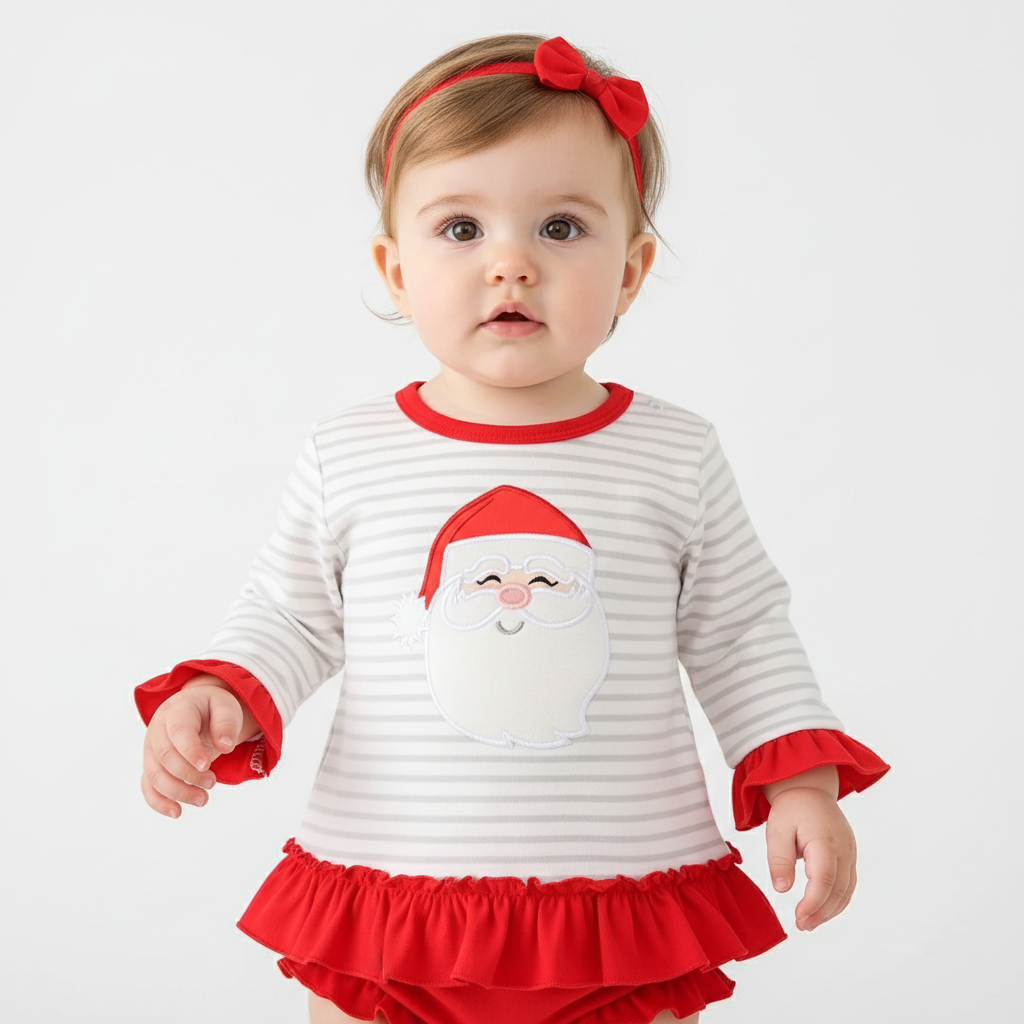 RED CHRISTMAS SANTA CLAUS APPLIQUE STRIPE GIRL BLOOMER SET