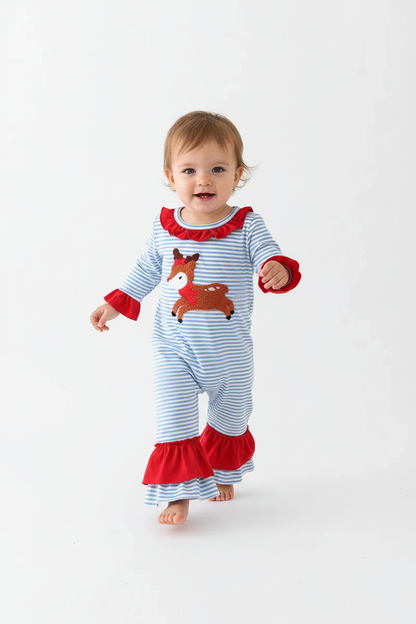 Blue and White Striped Deer French Knot Girl Romper