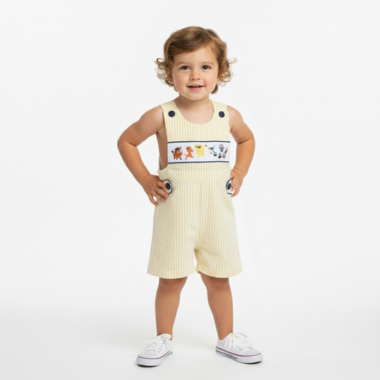Smocked lion boy yellow striped seersucker shortall
