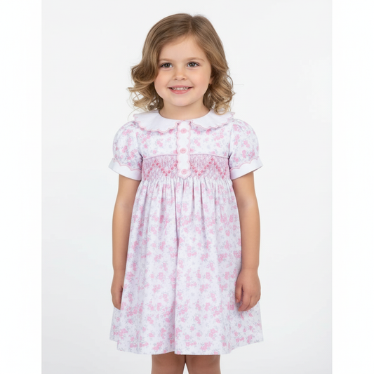 Hand smocked Pink Floral 3 Button Dress
