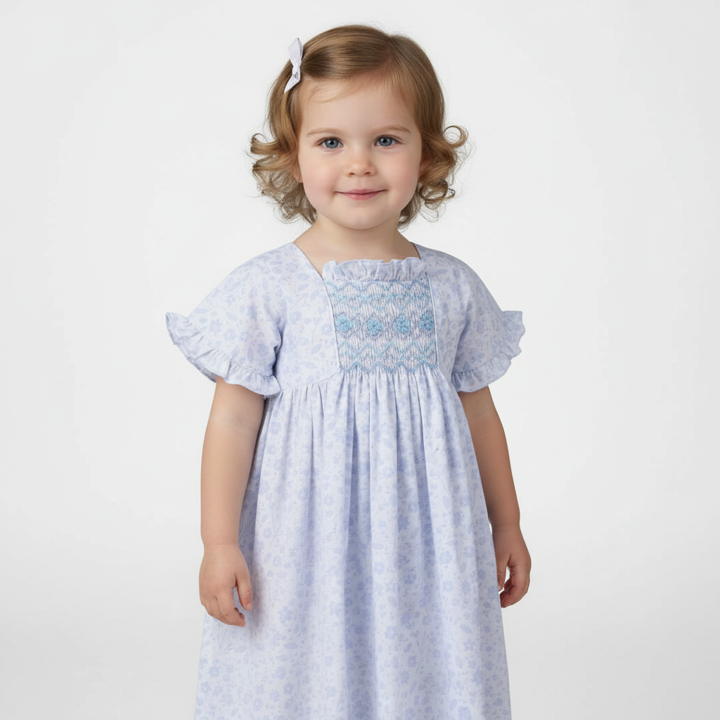 Handsmocked Blue and White floral Dress
