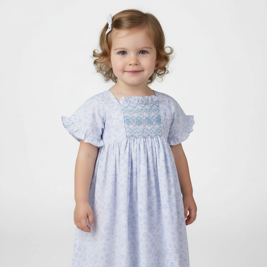 Handsmocked Blue and White floral Dress