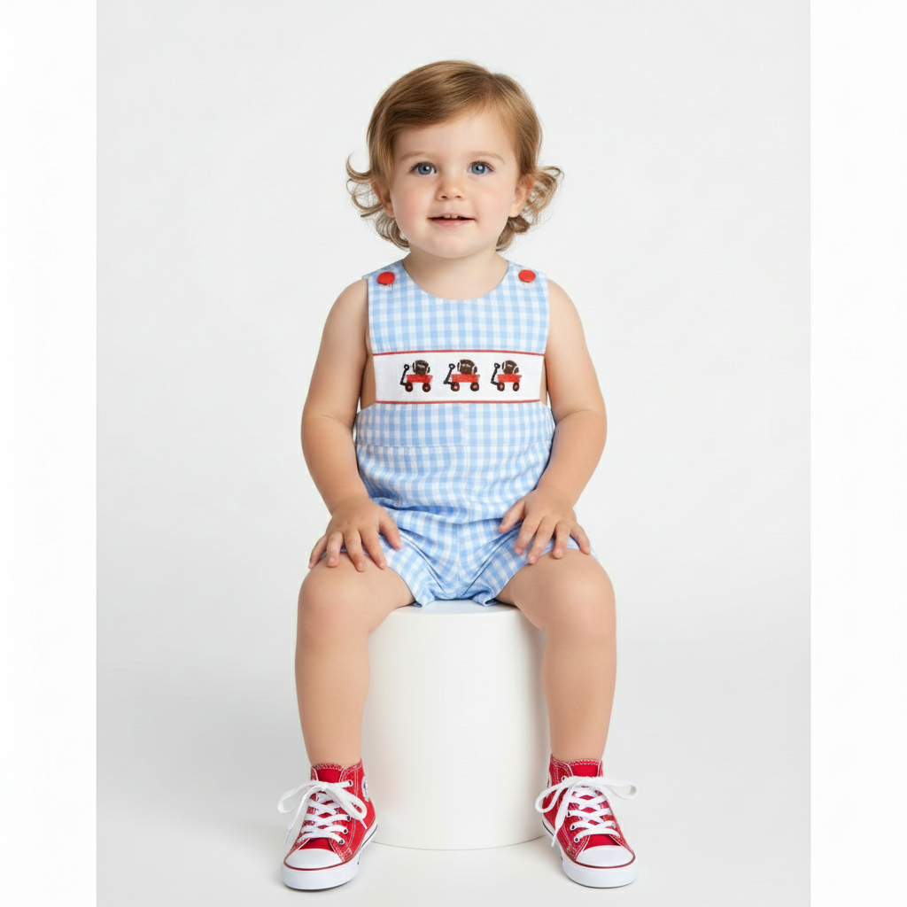 Hand Smocked  football  boy blue check shortall