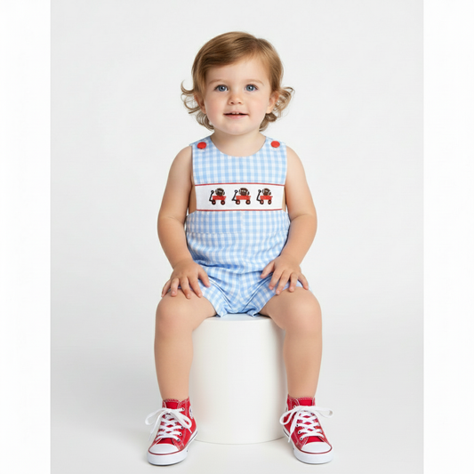 Hand Smocked  football  boy blue check shortall