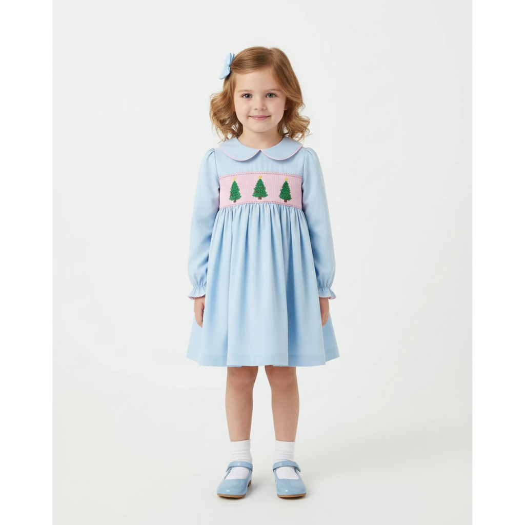 BLUE CHRISTMAS TREE SMOCKED DRESS