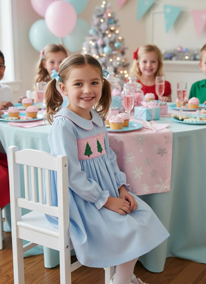 BLUE CHRISTMAS TREE SMOCKED DRESS