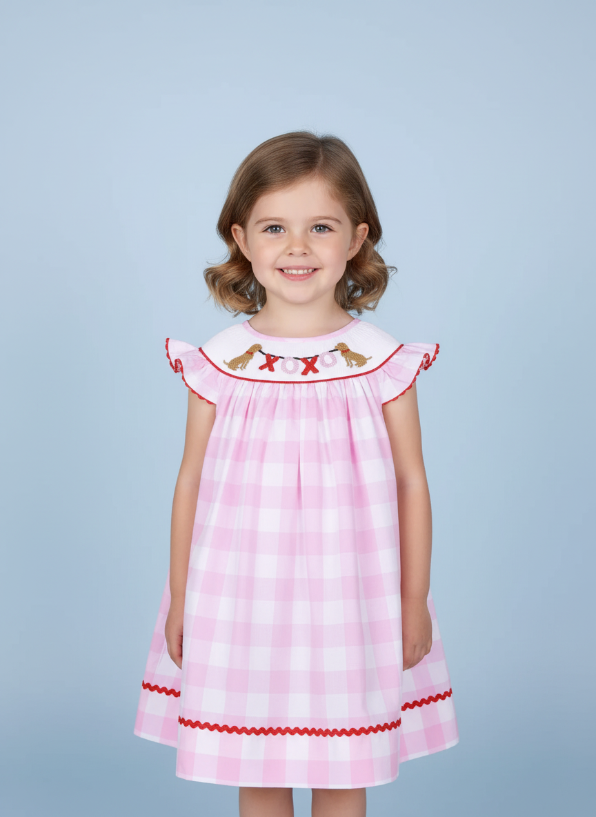 GIRLS SMOCKED DOG XOXO CHECK DRESS-Pink and Red