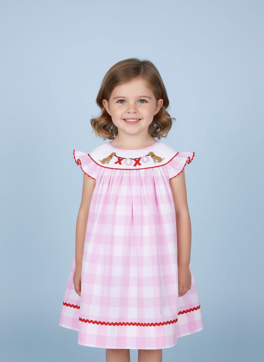 GIRLS SMOCKED DOG XOXO CHECK DRESS-Pink and Red