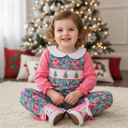 BLUE CHRISTMAS TREE SMOCKED RUFFLE JUMPSUIT SET