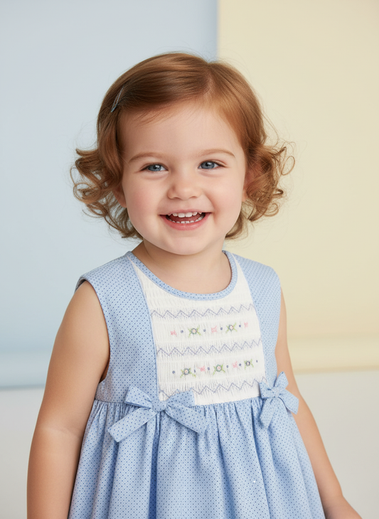 Toddler wearing a blue sundress with smocked panel and bows, smiling.