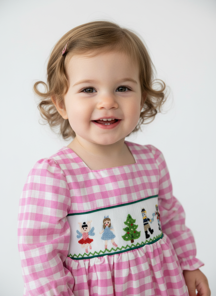 Girls Hand Smocked Nutcracker Pink and White Bubble